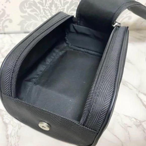 BVLGARI Black Herringbone Nylon/Leather Travel Case Cosmetic Bag Dopp Kit Italy - Picture 5 of 10